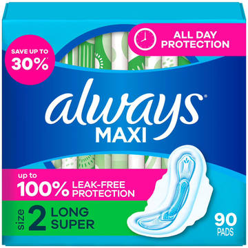 Always Maxi Long Pads, Unscented, Size 2, 90 Count