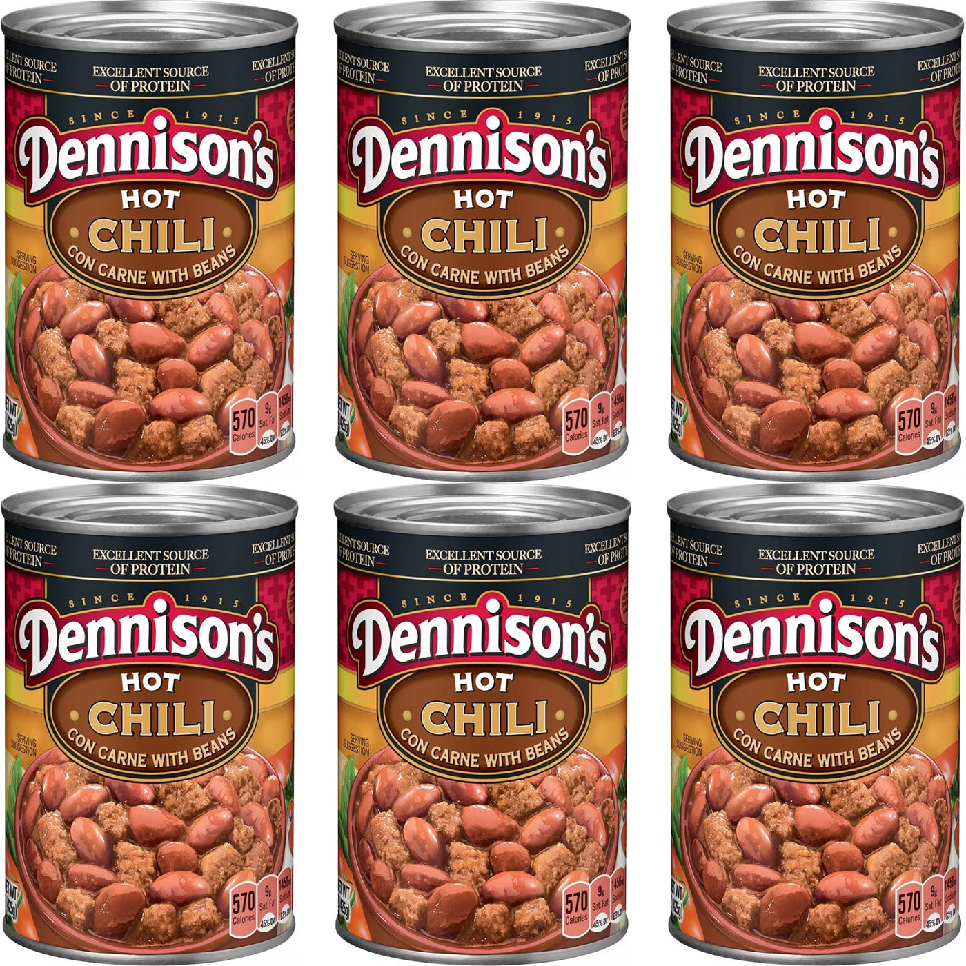Dennison’s Hot Chili Con Carne with Beans, Spicy Beef Chili, 15 oz Cans (Pack of 6)