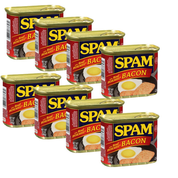 SPAM Luncheon Meat with Real Hormel Bacon, 12 oz Cans, Pack of 8