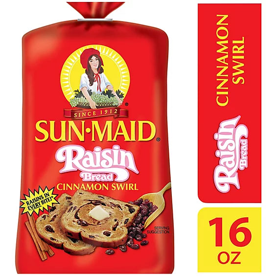Sun-Maid Cinnamon Swirl Raisin Bread, 16 oz Loaves (Pack of 2), Soft Sliced Bakery Bread