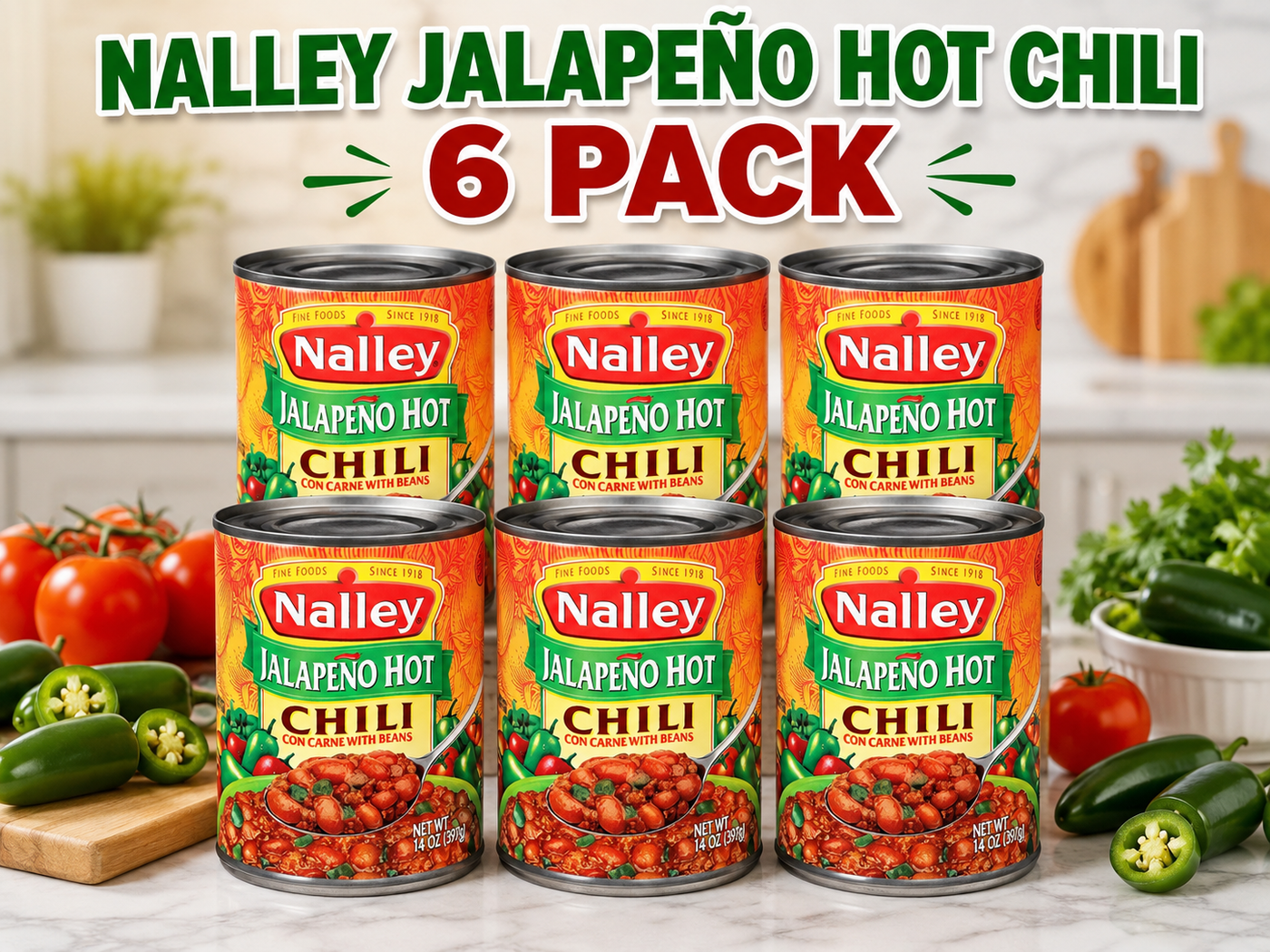 Nalley Jalapeno Hot Chili Con Carne with Beans, 14 oz Cans, Pack of 6