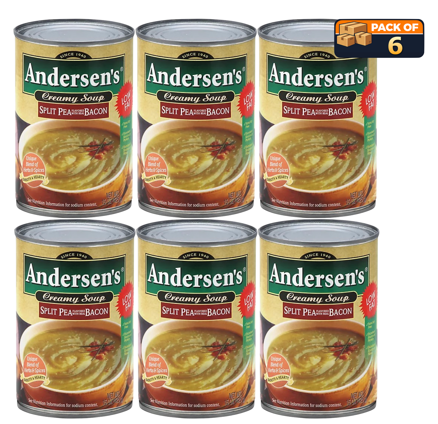 Andersen’s Split Pea Soup with Bacon, Hearty Comfort, 15 oz Cans — Pack of 6