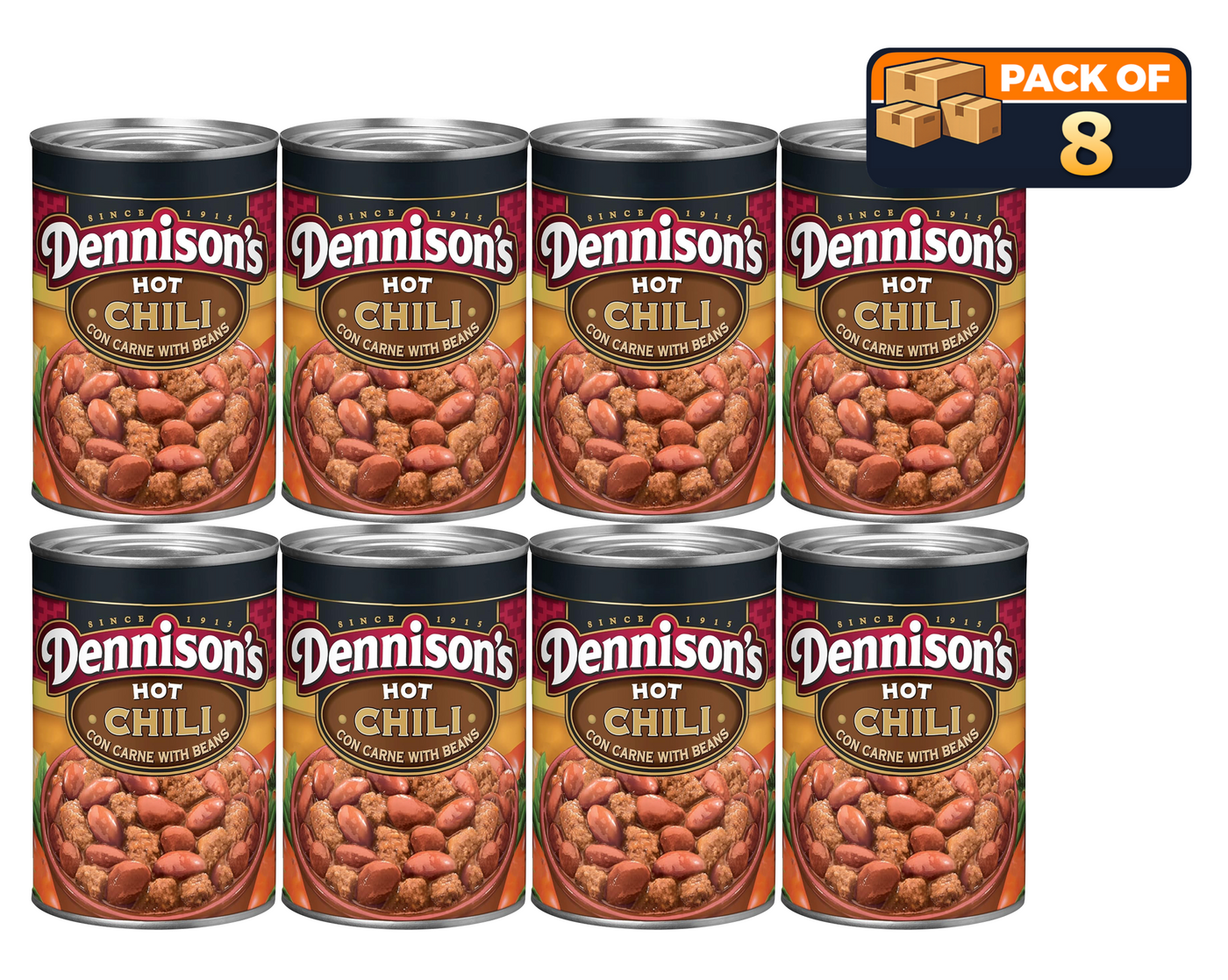 Dennison’s Hot Chili Con Carne with Beans, Spicy Beef Chili, 15 Ounce Cans (Pack of 8)