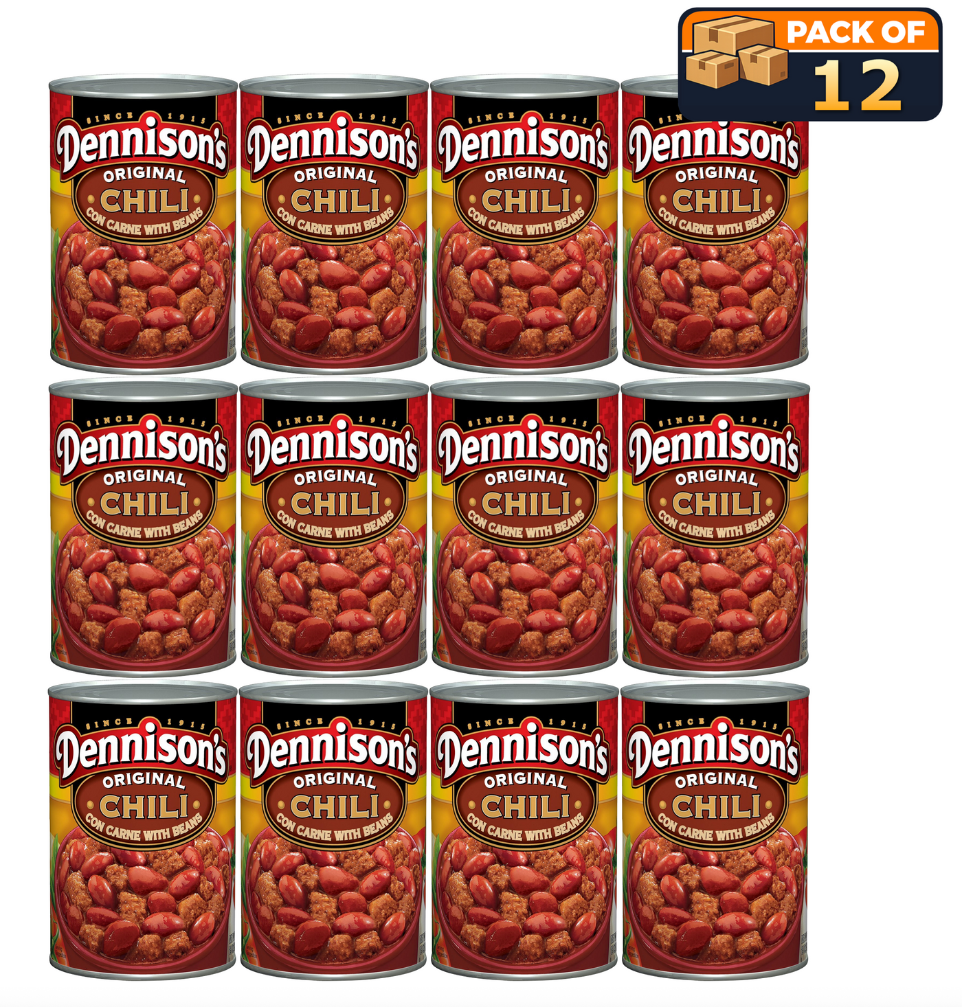 Dennison’s Original Chili Con Carne with Beans, Classic Beef Chili, 15 Ounce Cans (Pack of 12)