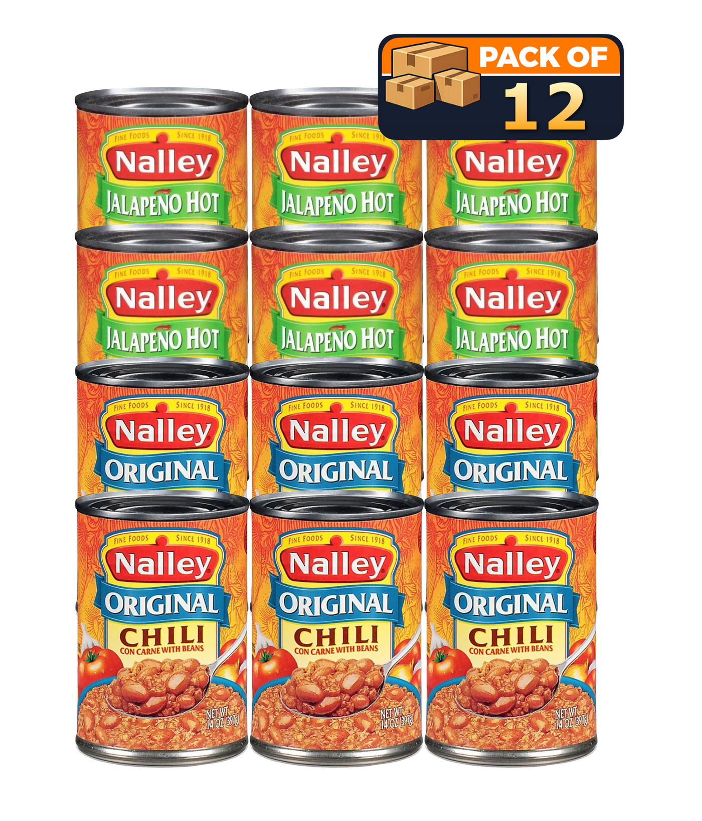 Nalley Original & Jalapeno Hot Chili Con Carne with Beans, 14 oz Cans, Pack of 12
