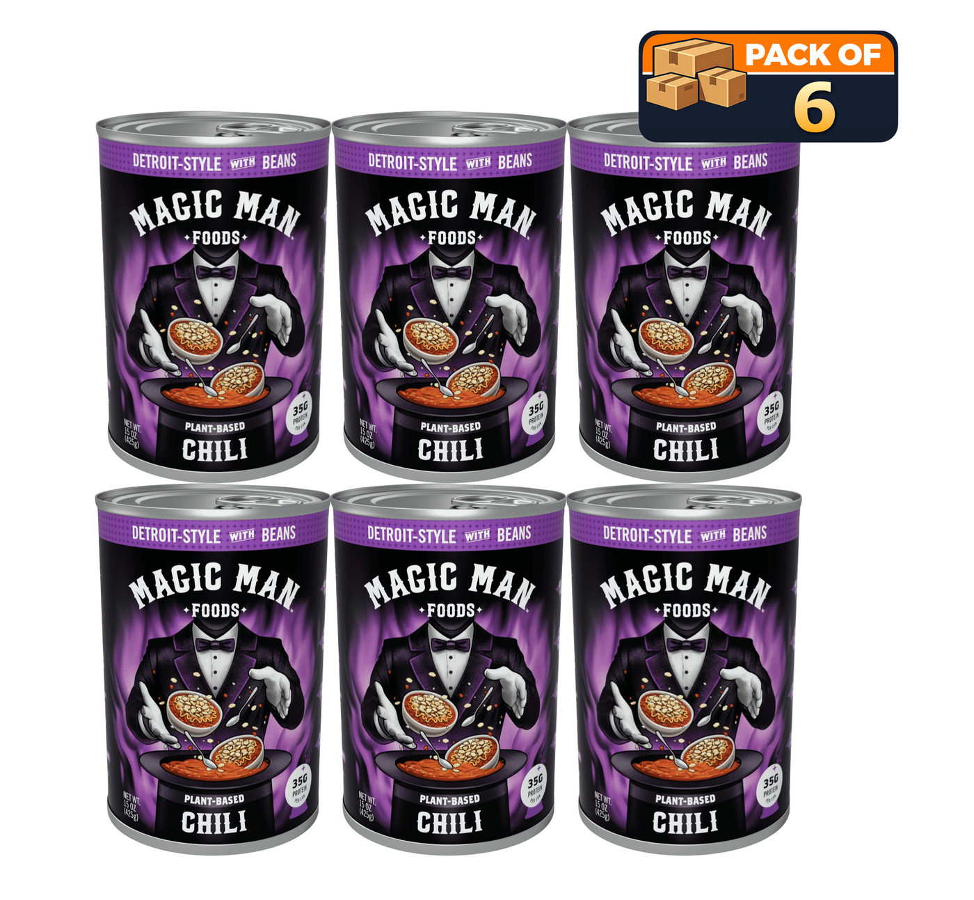 Magic Man Plant-Based Detroit Style Chili with Beans, 15 oz Cans, Pack of 6