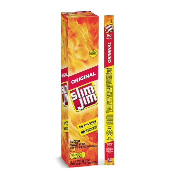 Slim Jim Giant Original Smoked Meat Sticks, 0.97 oz, 24 Count, Keto Friendly Snack