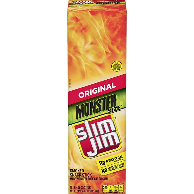Slim Jim Monster Original Smoked Meat Sticks, 1.94 oz Sticks, 18 Count