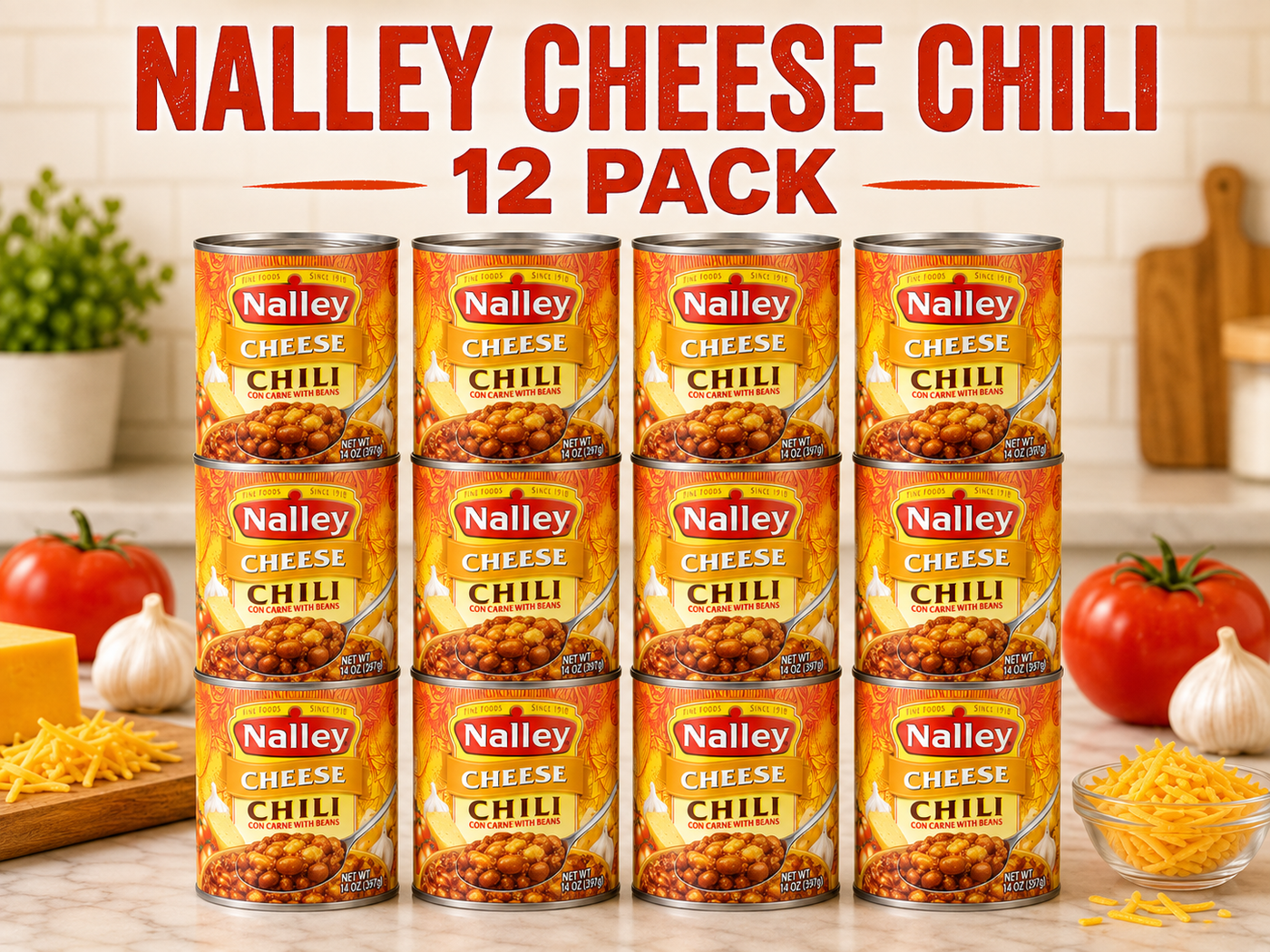 Nalley Cheddar Cheese Chili Con Carne with Beans, 14 oz Cans, Pack of 12