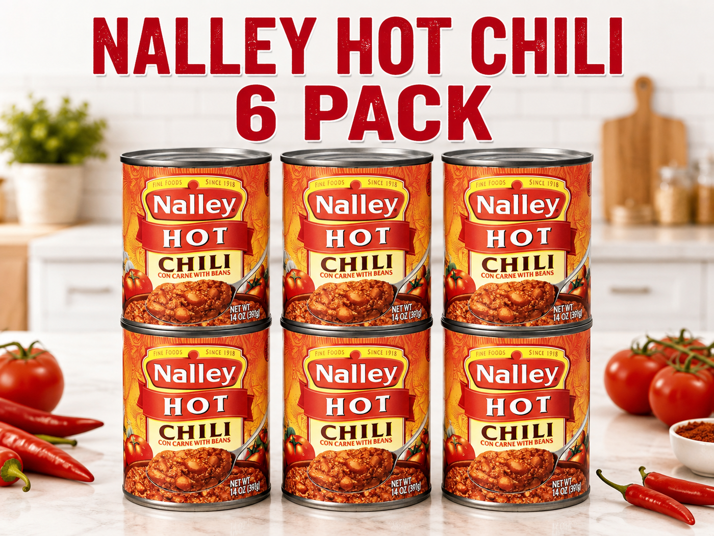 Nalley Hot Chili Con Carne with Beans, 14 oz Cans, Pack of 6